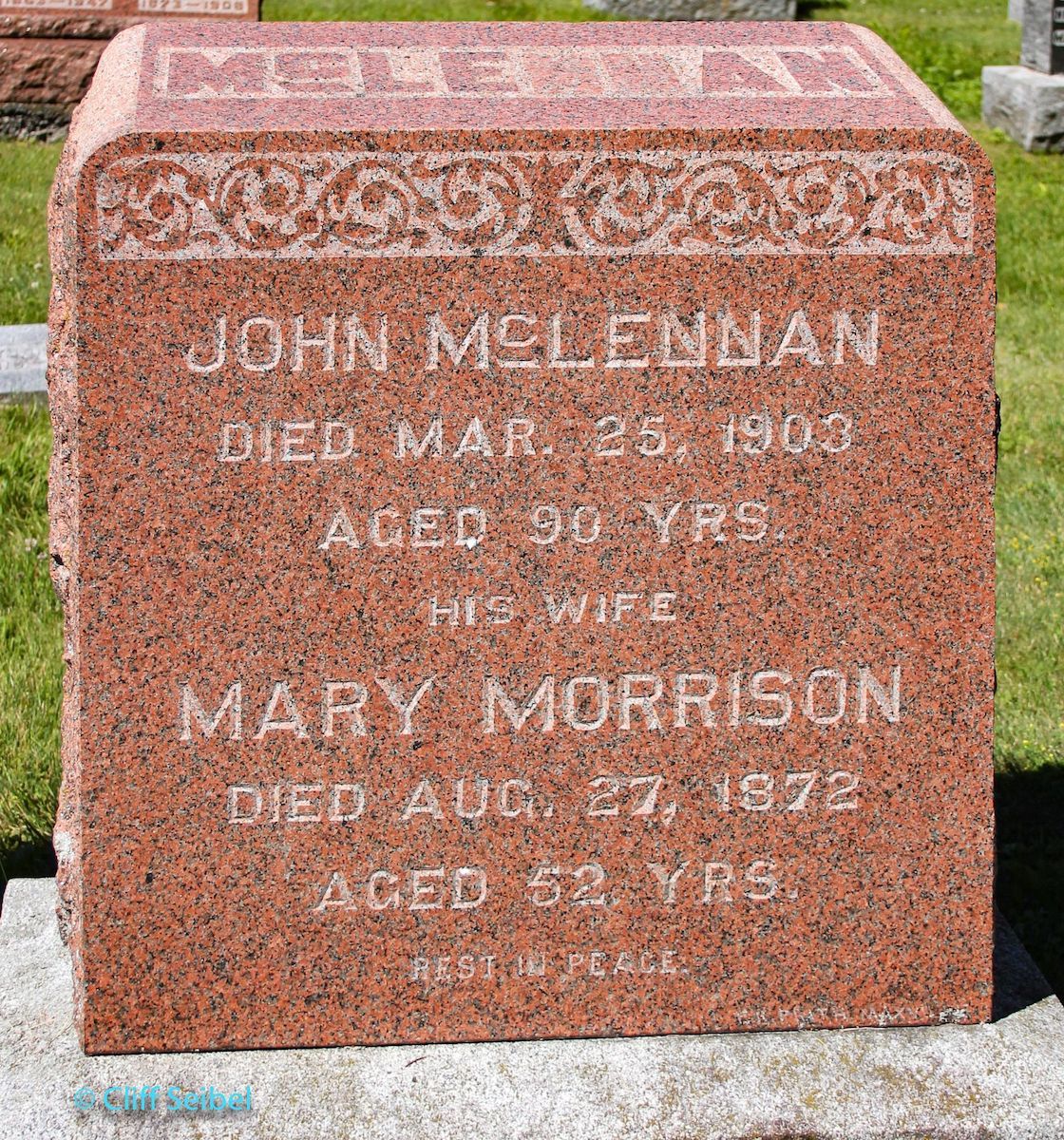 Photo of headstones/John McLennan d1903 hdstn Kenyon Pres Church Cem, Dunvegan, Ont